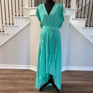 Ramy Brook Aqua High-Low Dress Size 12 | Pleated Wrap Waist | Resort Vacation